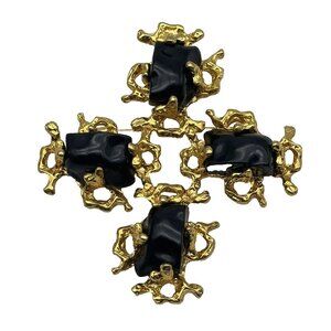 Vintage Brutalist Cross Brooch Pendant IVANA Signed Black Stones Gold-Tone